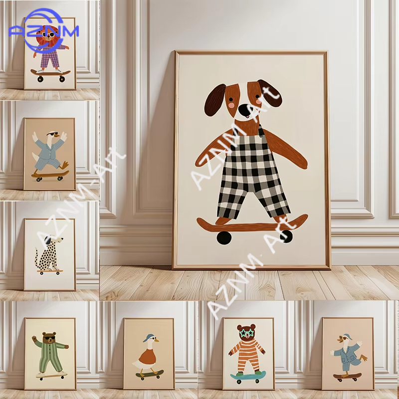 Baby Nursery Things - Póster Divertido de Animales Patinando, Pintura